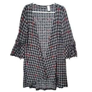 Ronnie Salloway Houndstooth Cardigan Knit Women M Open‎ Gray Bell Sleeve Long